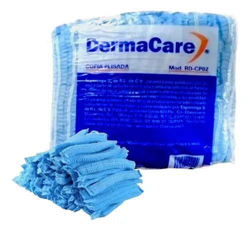 Cofia Plisada DermaCare Azul Protección Higiénica Desechable para Industria y Alimentos Paquete con 100 pza