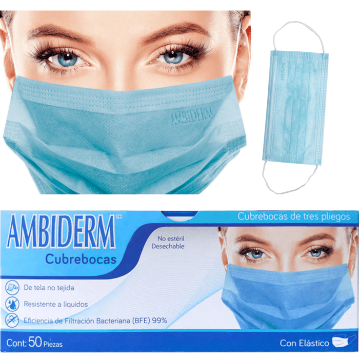 Cubrebocas Plisado Ambiderm Azul Tricapa con Elástico 50 Piezas-3