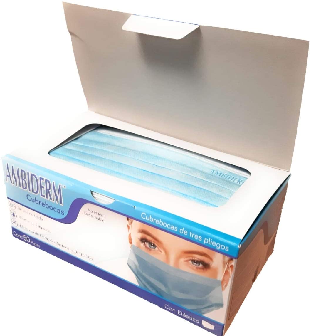 Cubrebocas Plisado Ambiderm Azul Tricapa con Elástico 50 Piezas-5
