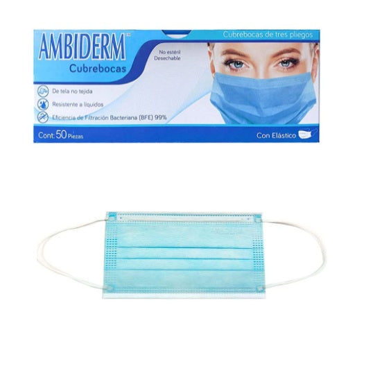 Cubrebocas Plisado Ambiderm Azul Tricapa con Elástico 50 Piezas-4