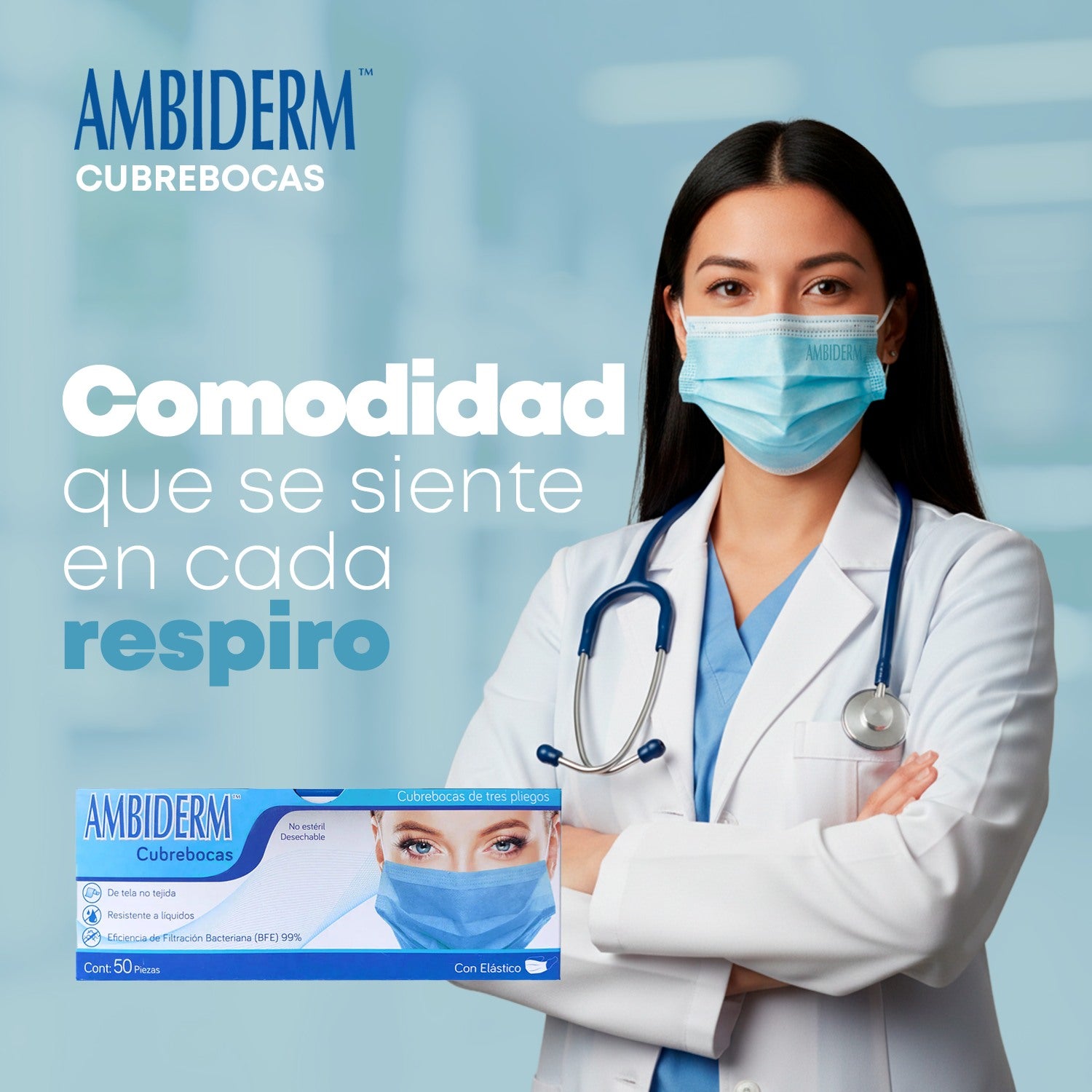 Cubrebocas Plisado Ambiderm Azul Tricapa con Elástico 50 Piezas-11