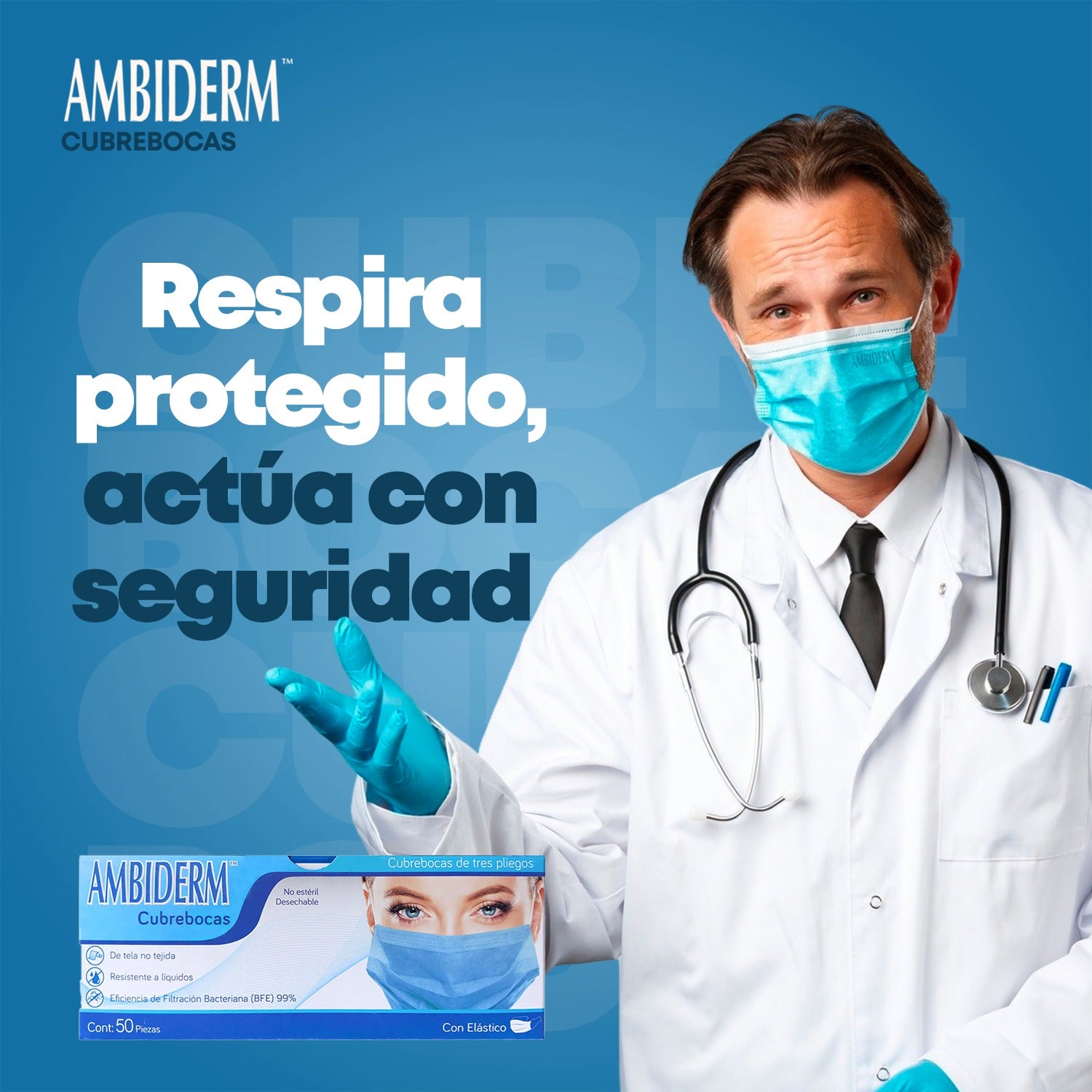 Cubrebocas Plisado Ambiderm Azul Tricapa con Elástico 50 Piezas-10