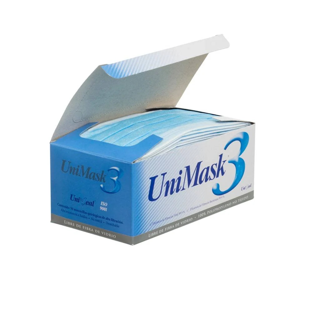 Cubre Boca Quirúrgico UNIMASK3 Azul Tricapa Termosellado 50 Piezas-1