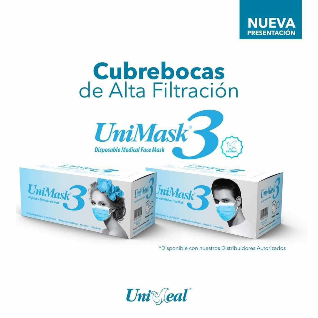 Cubre Boca Quirúrgico UNIMASK3 Azul Tricapa Termosellado 50 Piezas-4
