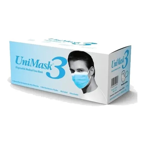 Cubre Boca Quirúrgico UNIMASK3 Azul Tricapa Termosellado 50 Piezas-2