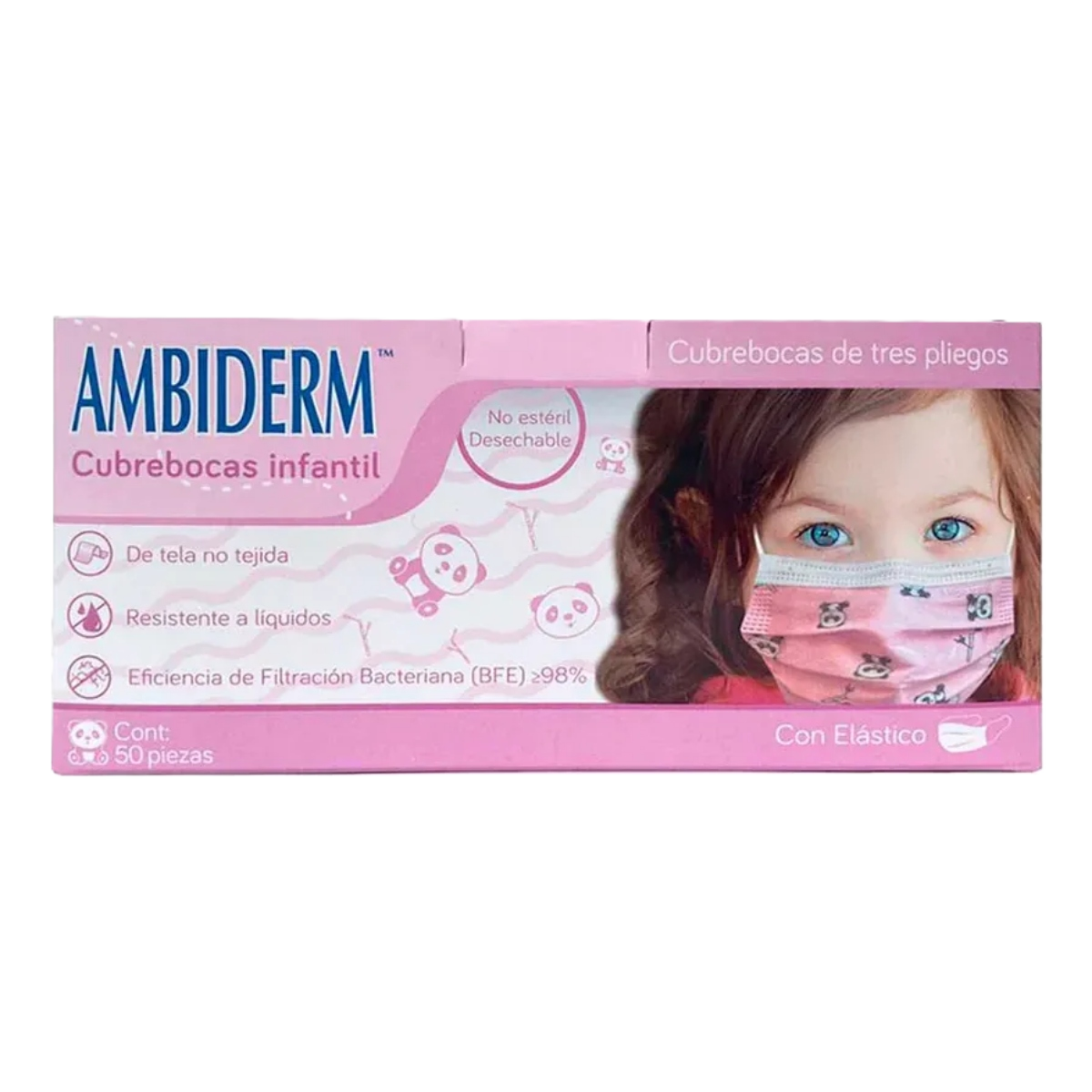 Cubrebocas Infantil Ambiderm Rosa Pandas Caja 50 Piezas-1