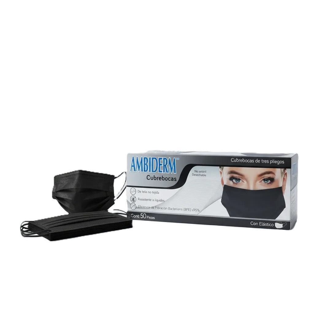 Cubrebocas Ambiderm Negro Plisado Tricapa Termosellado 50 Piezas-2