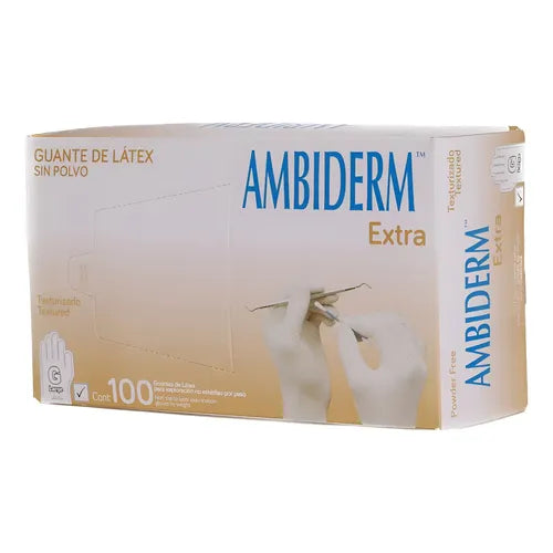 Guante de Látex Sin Polvo Color Natural Extra Ambiderm Guante Desechable de Alta Sensibilidad Caja con 100 Pza