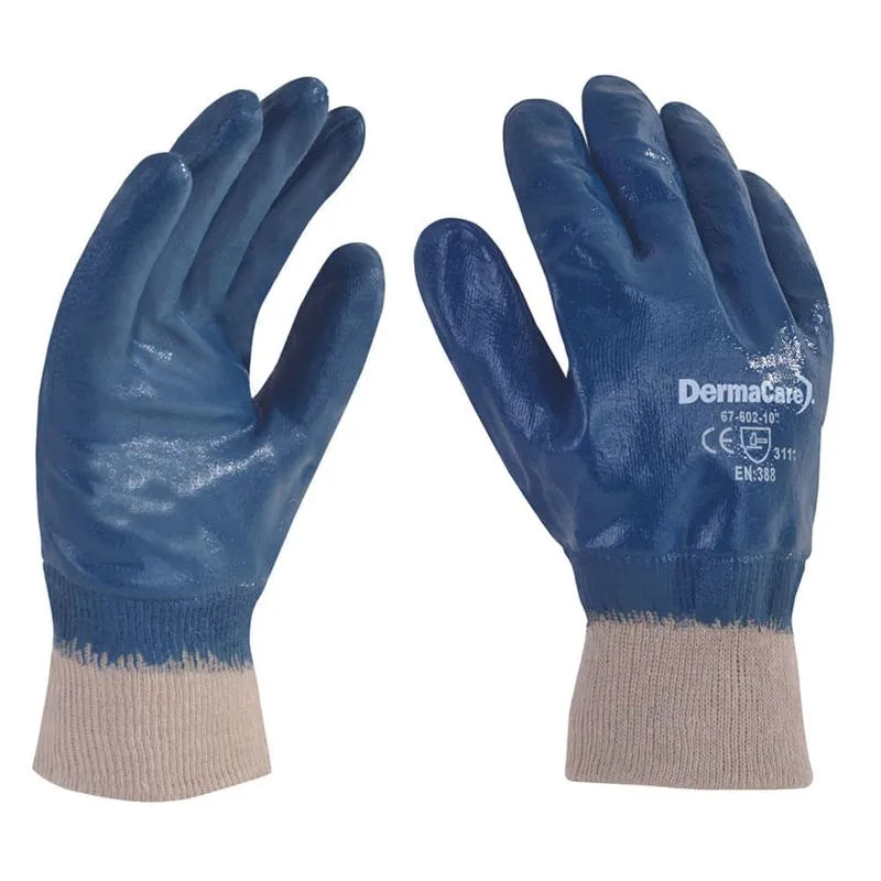 Guante de Nitrilo Azul con Forro DermaCare 67-602 Protección Industrial Contra Químicos y Líquidos Par-1