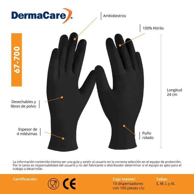 Guante de Nitrilo Negro 67-700 sin Polvo DERMA CARE 100 Piezas-4