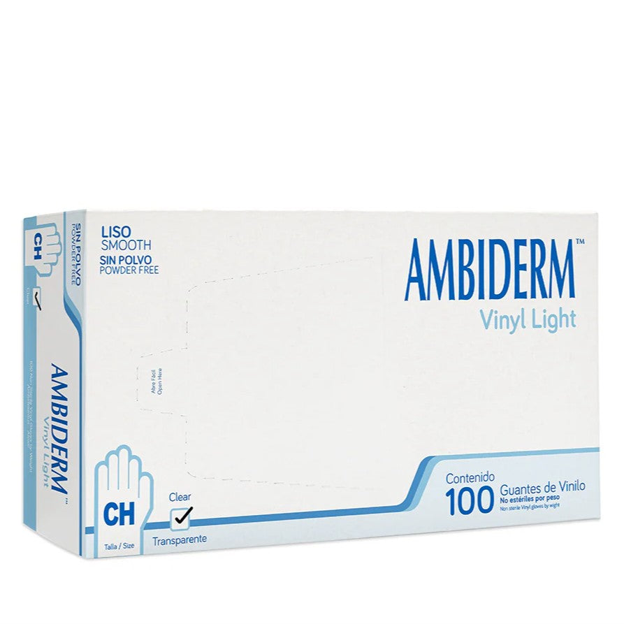 Guante de Vinyl Ambiderm Light Transparente Sin Polvo  Caja con 100 Piezas