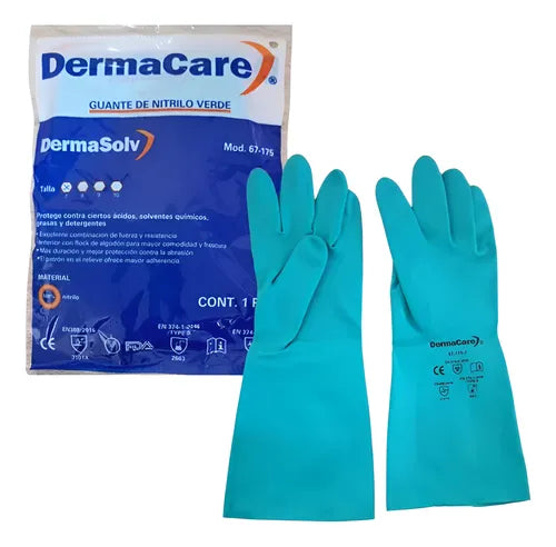 Guante de Nitrilo Verde Derma 67-175 | Protección Industrial Contra Químicos y Alto Agarre Par