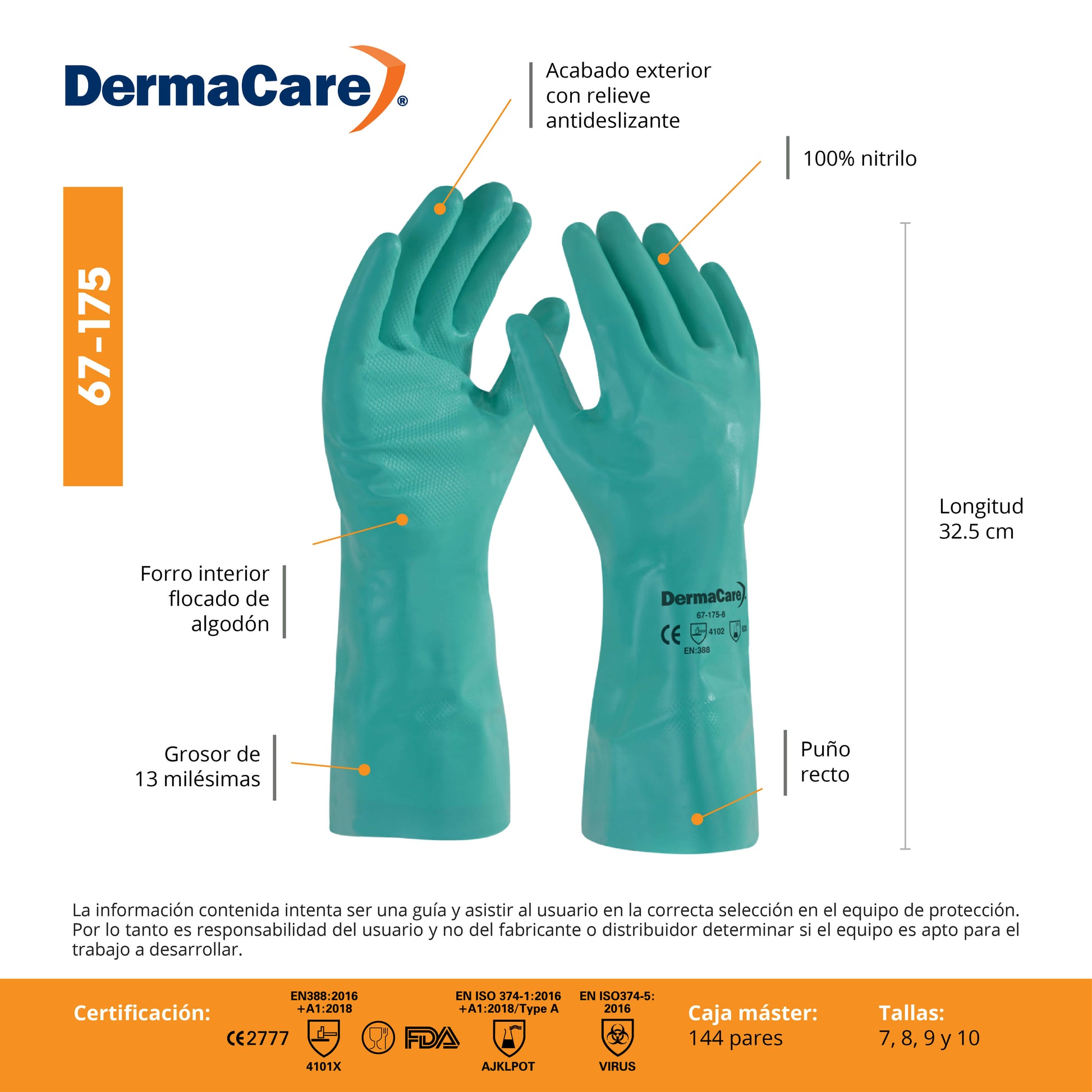 Guante de Nitrilo Verde Derma 67-175 | Protección Industrial Contra Químicos y Alto Agarre Par-4