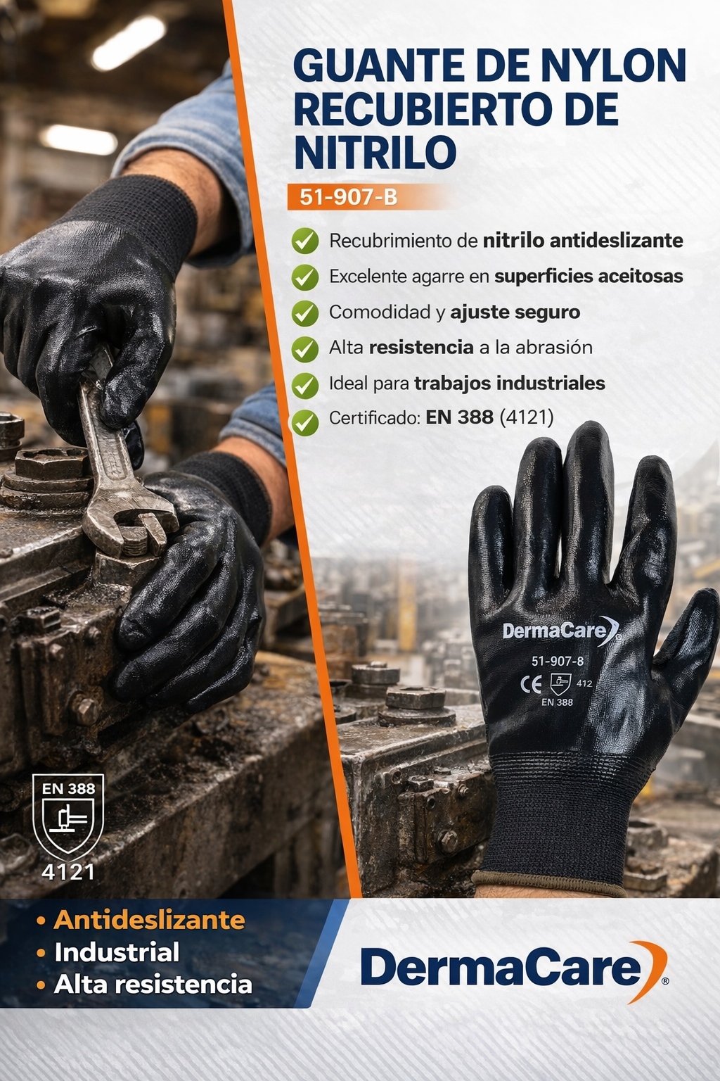 Guante de Nylon Recubierto de Nitrilo 51-907 Antideslizante y Resistente Industrial Par-4