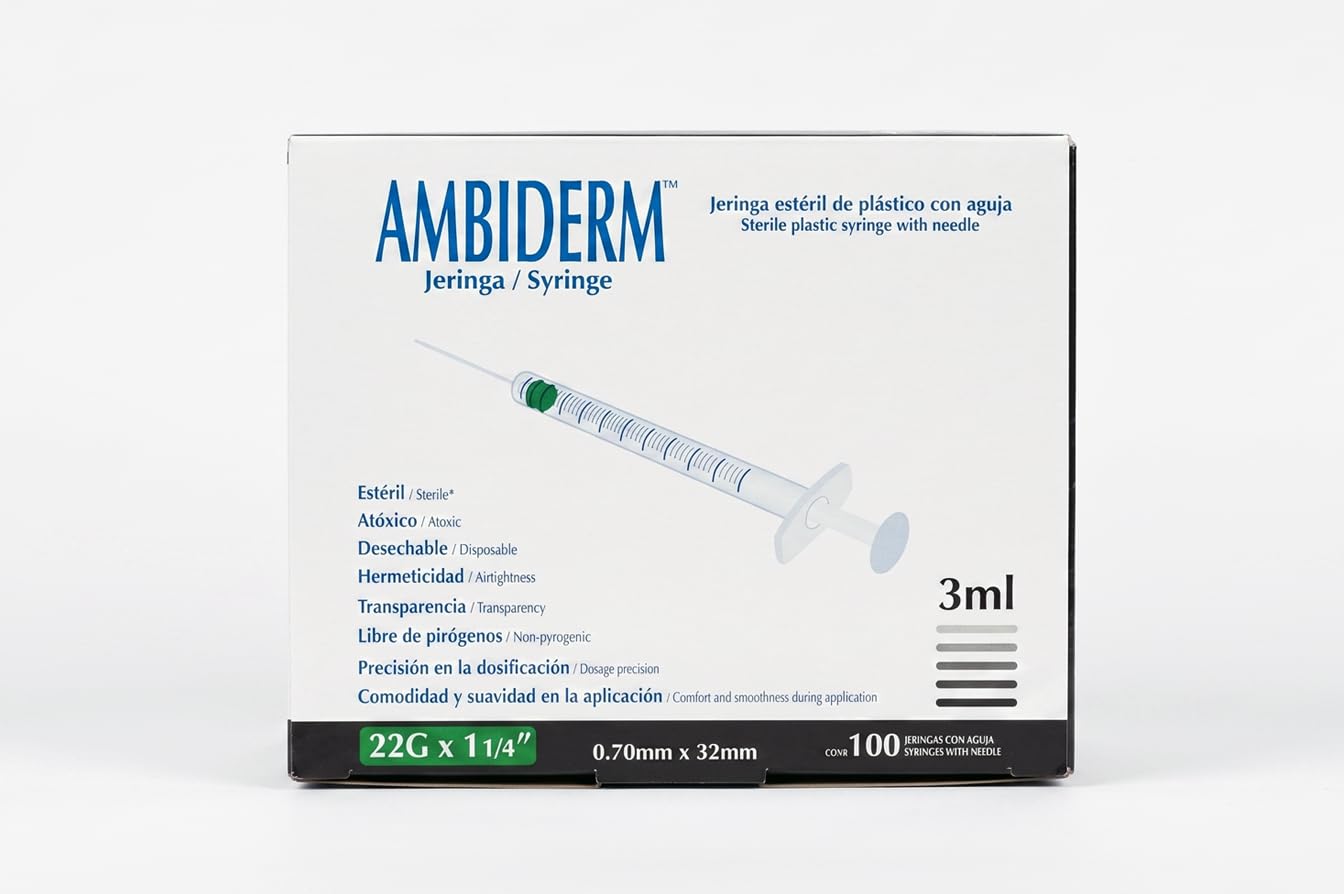 Jeringa de 3 mL Ambiderm con Aguja Desechable Estéril de Uso Médico Caja con 100/PZA