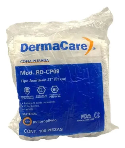 Cofia Plisada Blanca RD-CP08 Derma Care Protección Desechable para Cabello Paq C/100 PZA