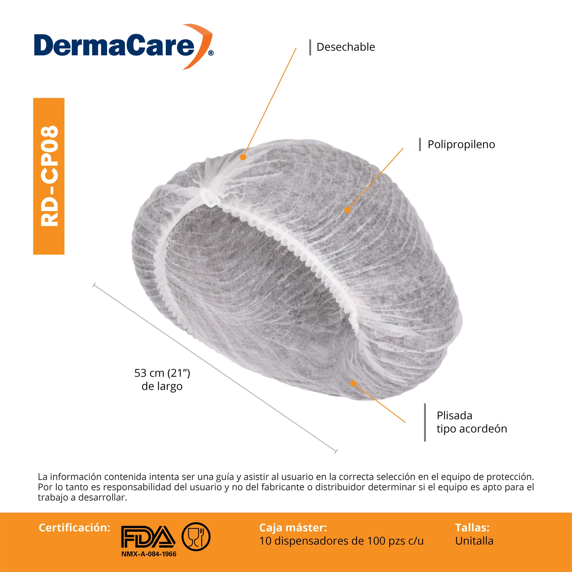 Cofia Plisada Blanca RD-CP08 Derma Care Protección Desechable para Cabello Paq C/100 PZA-2