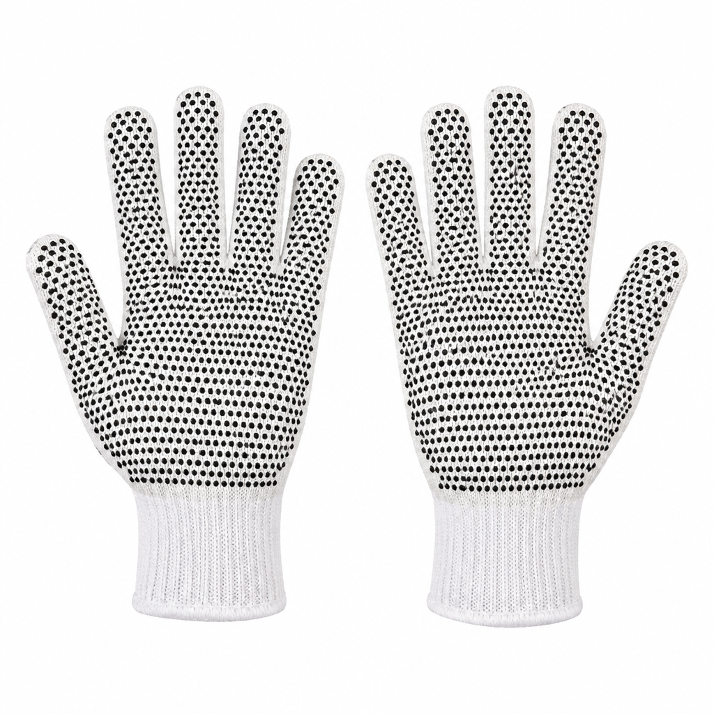 Par de guantes japoneses blancos con puntos negros de PVC en la palma sobre fondo blanco