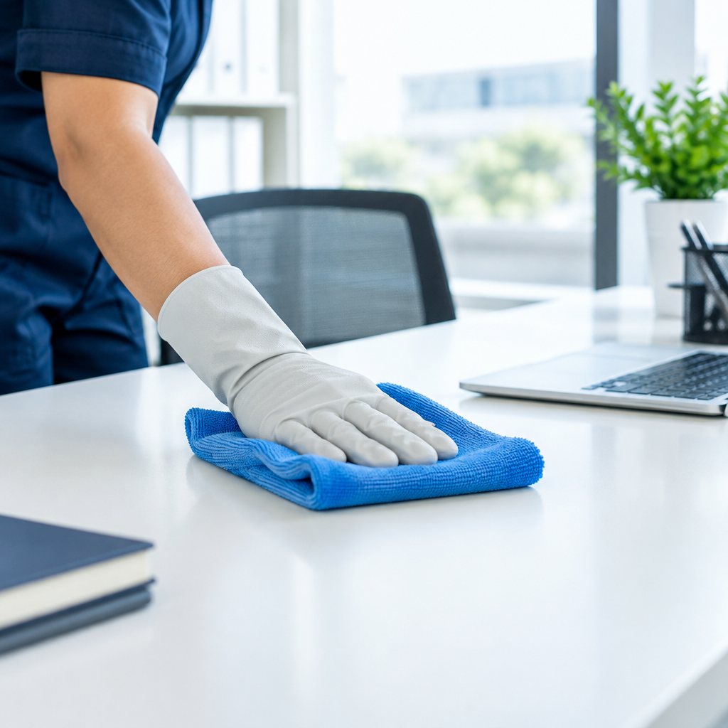 Persona limpiando una mesa con un trapo de microfibra azul