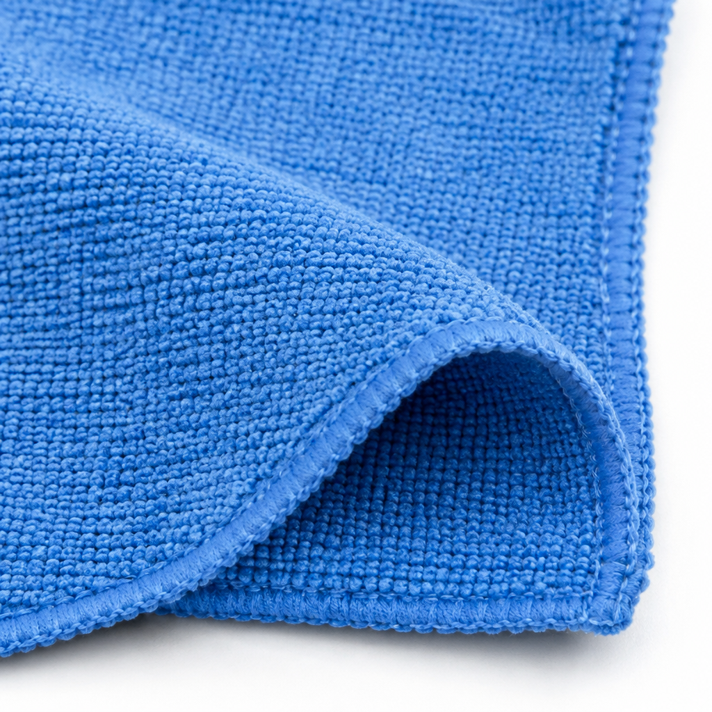 Acercamiento de la textura y el borde de un trapo de microfibra azul