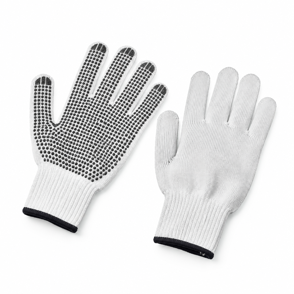 Guantes japoneses blancos mostrando la palma con puntos de PVC negro y el dorso liso
