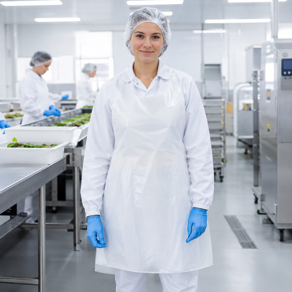 Trabajador de procesamiento de alimentos usando mandil desechable de polietileno blanco